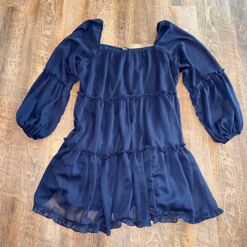 Blue B Collection Long Sleeve Tiered Chiffon Dress Style 31205D Navy Blue Size L
